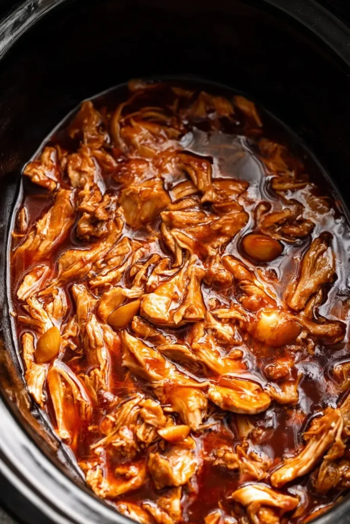 slow cooker chicken thighs cooking in rich glossy sauce