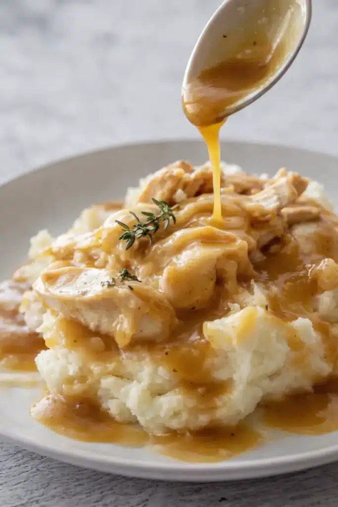 Slow Cooker Chicken and Gravy being poured over mashed potatoes