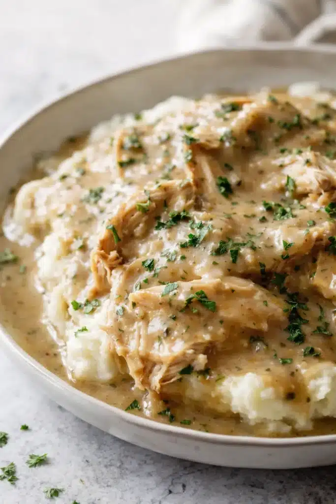 Slow Cooker Chicken and Gravy served over creamy mashed potatoes with parsley