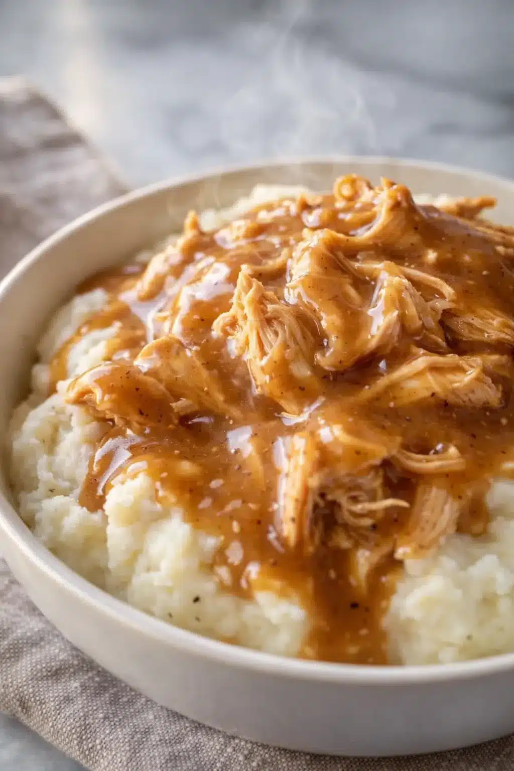 Slow cooker chicken and gravy over creamy mashed potatoes in a bowl