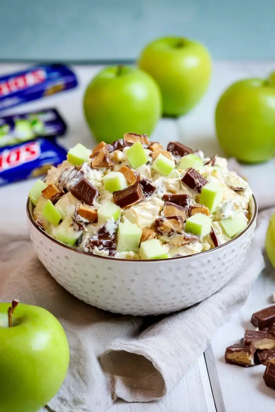 Snickers salad with green apples and chocolate pieces in a creamy dessert bowl