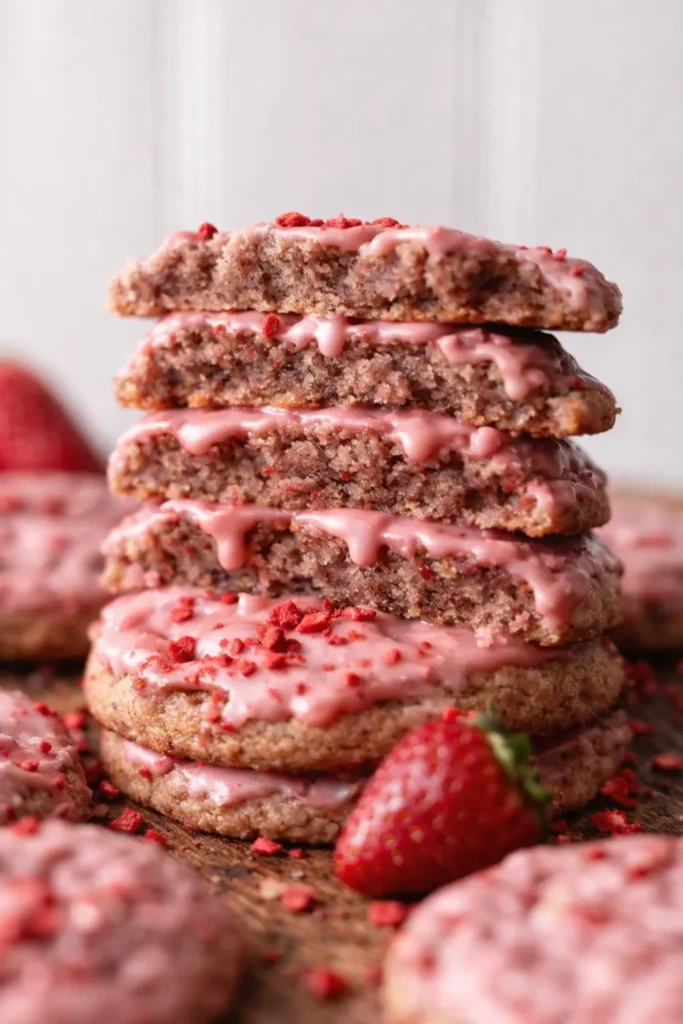 Stacked iced strawberry sugar cookies with pink icing and soft chewy texture