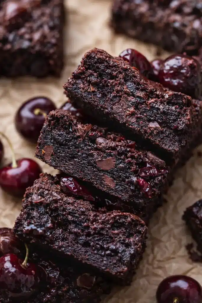 Roasted Chocolate Cherry Brownies stacked with fudgy texture and roasted cherries