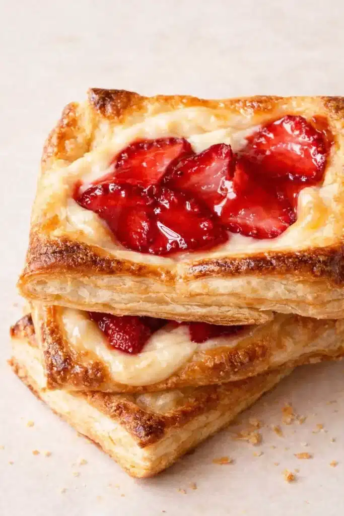 Strawberry danish with flaky pastry, cream cheese filling, and fresh strawberries