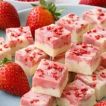 Strawberries and cream fudge cubes with pink swirls and strawberry topping
