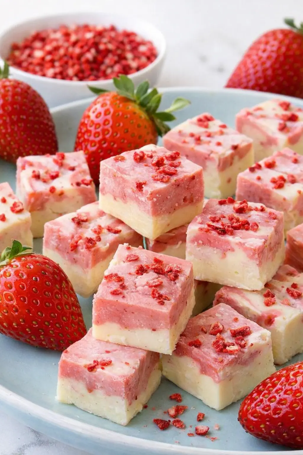 Strawberries and cream fudge cubes with pink swirls and strawberry topping