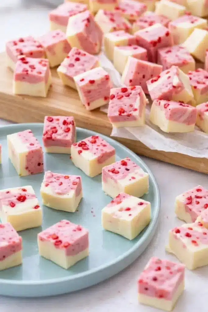 Strawberries and cream fudge cubes with pink layers on plate and board
