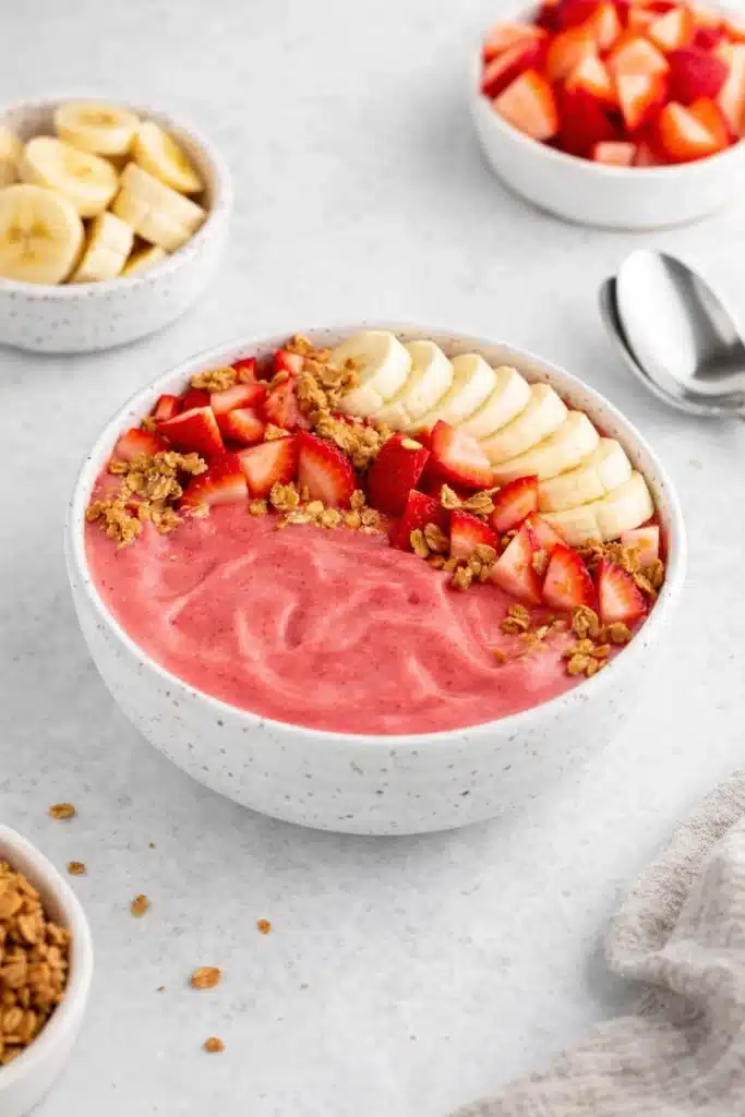 Strawberry Banana Smoothie Bowl Easy Amazing Recipe 5 Strawberry Banana Smoothie Bowl with fresh fruit and granola topping