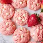 Strawberry Cheesecake Cookies Recipe Easy Amazing Treat 9 Strawberry cheesecake cookies with white chocolate chips and fresh strawberries on a light surface