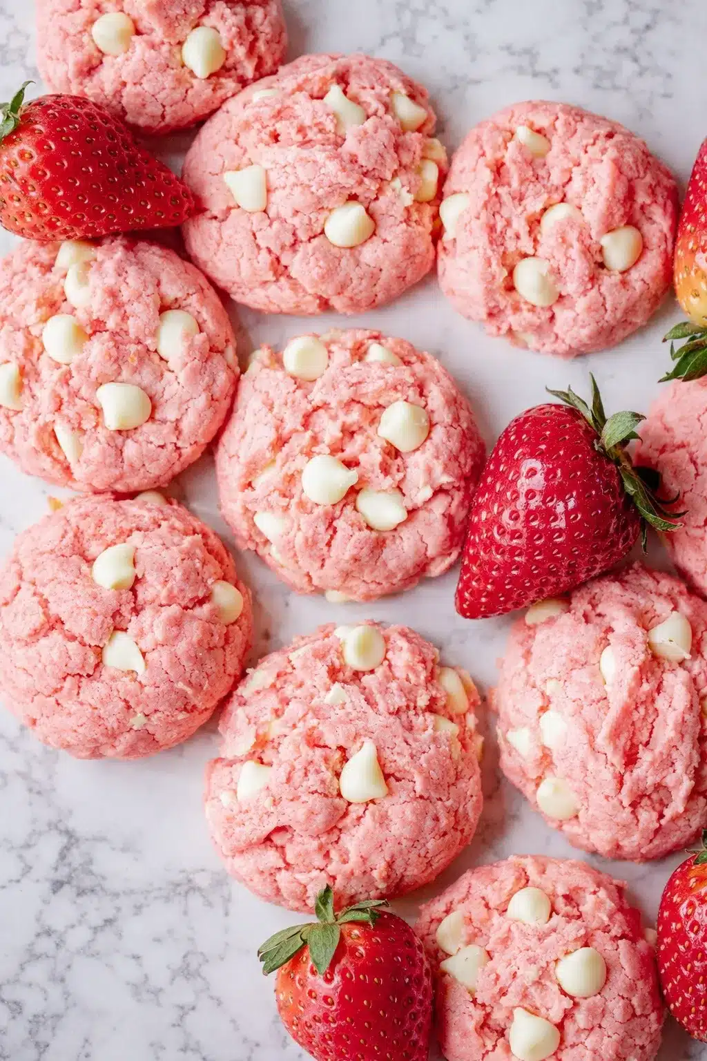 Strawberry cheesecake cookies with white chocolate chips and fresh strawberries on a light surface