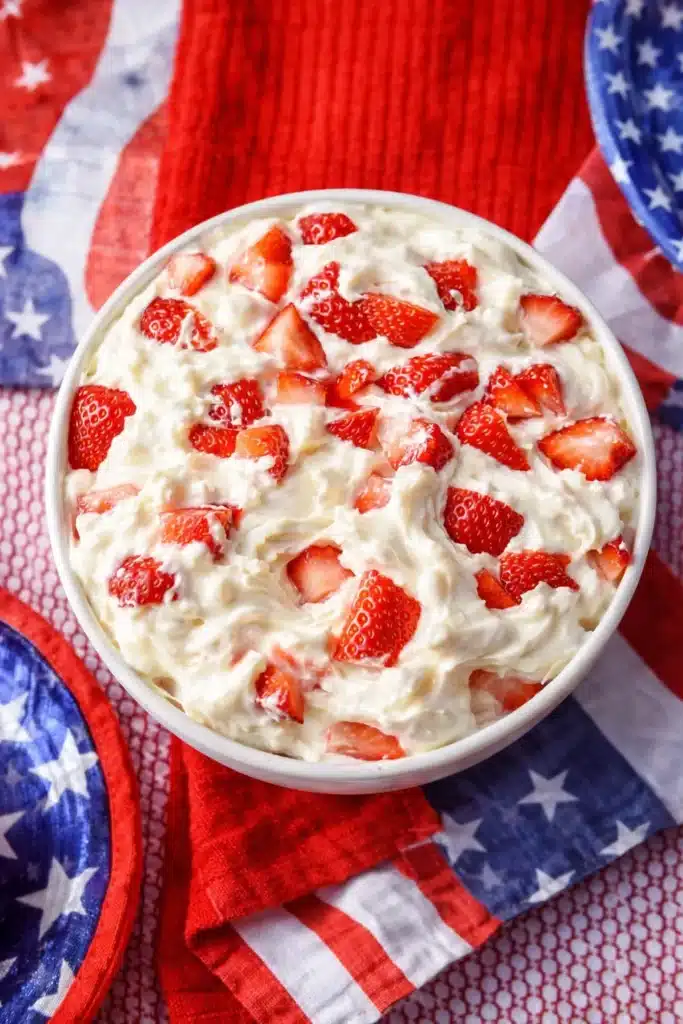 Strawberry Cheesecake Salad Easy Amazing Treat 4 Strawberry Cheesecake Salad with creamy texture and fresh strawberries in bowl