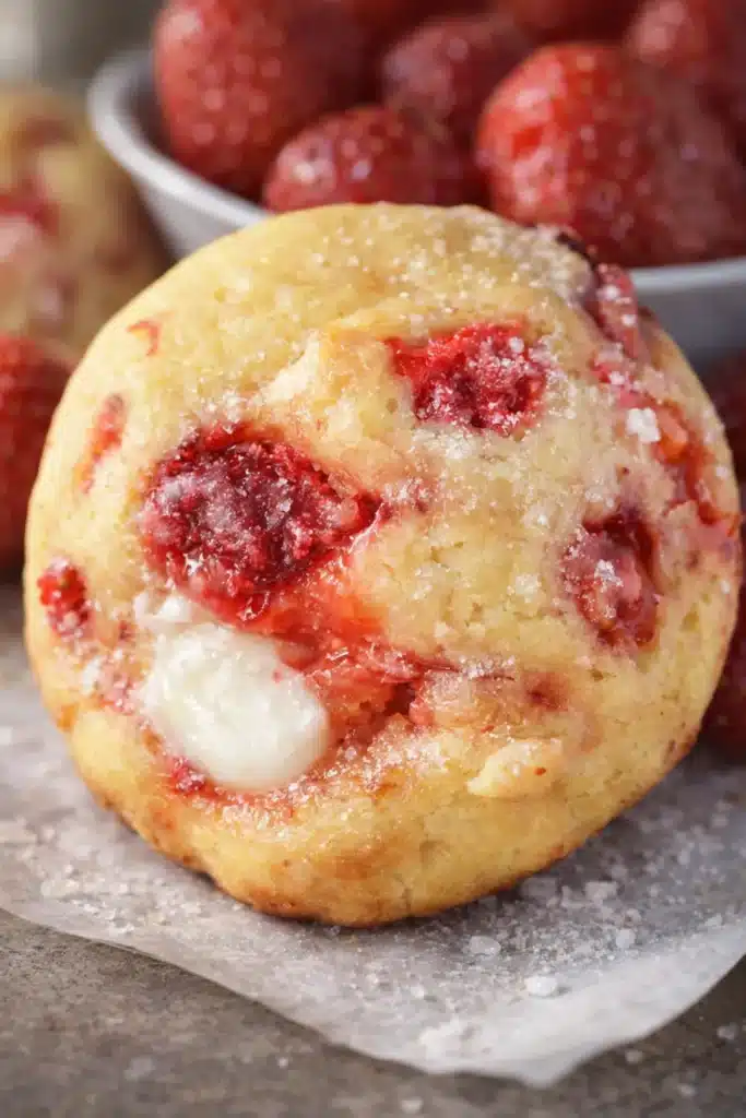 Strawberry cream cheese cookies with creamy filling and fresh strawberries