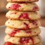 Stack of soft strawberry cream cheese cookies with fresh strawberry chunks