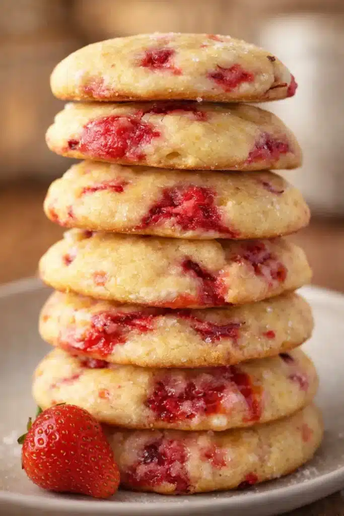 Stack of soft strawberry cream cheese cookies with fresh strawberry chunks