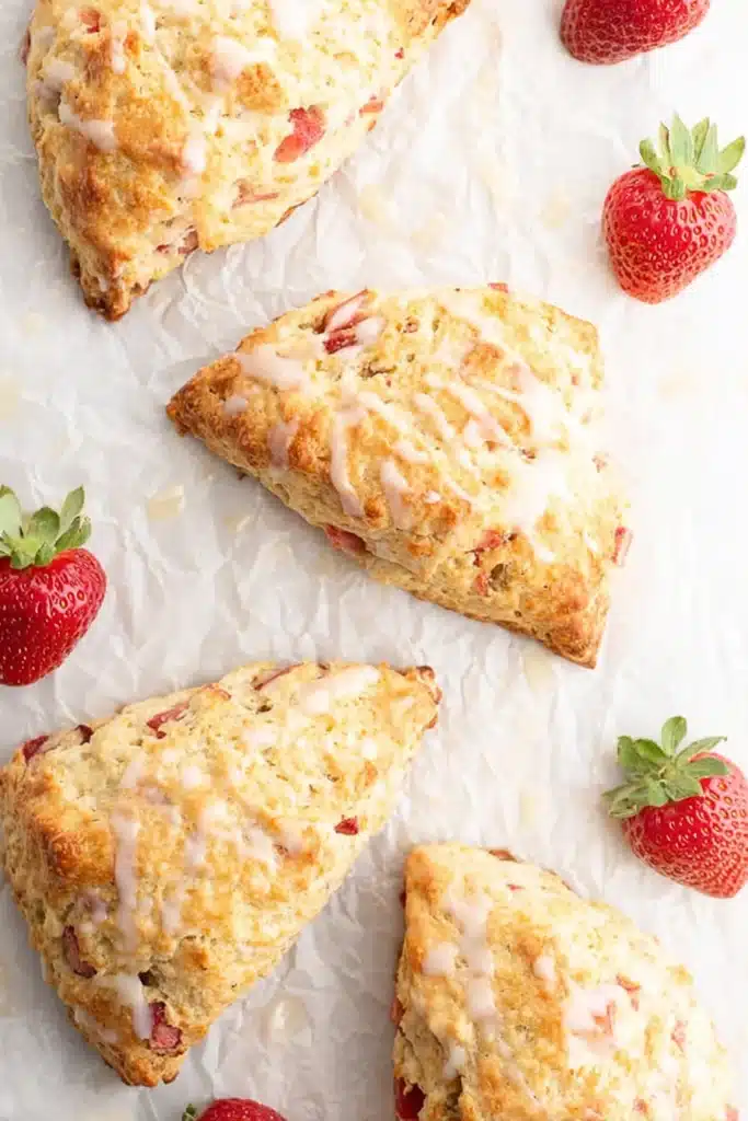 Strawberry Rhubarb Scones with golden crust and fresh strawberries on parchment