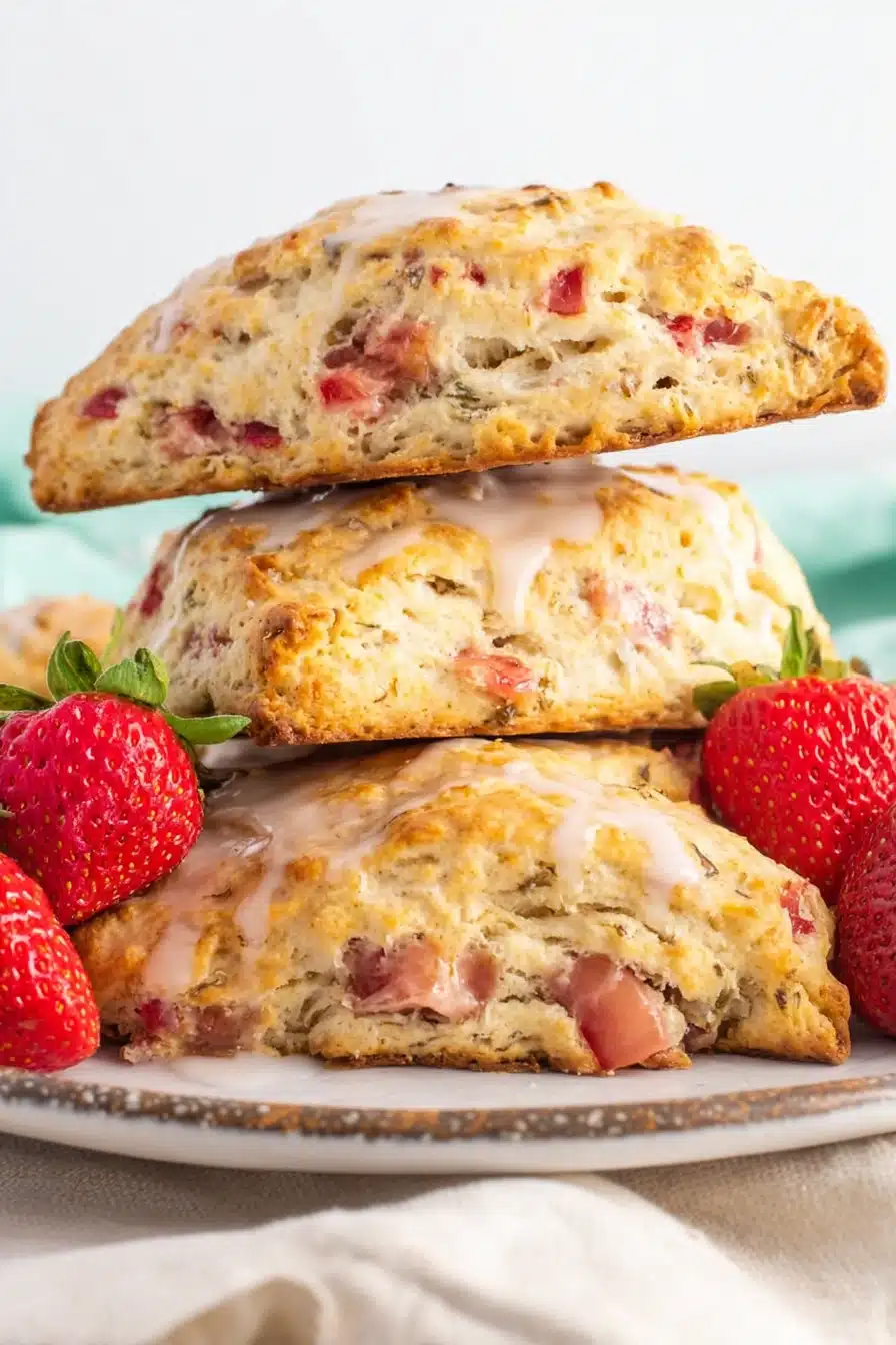 Strawberry rhubarb scones with flaky crust and fresh strawberries on a plate
