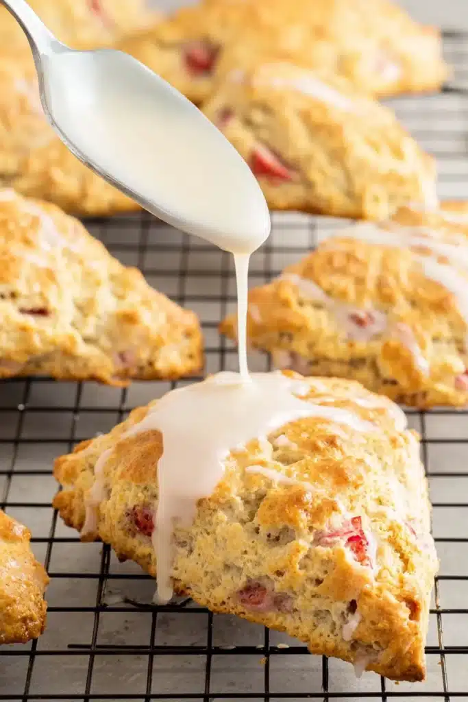 Strawberry Rhubarb Scones with icing drizzle on cooling rack