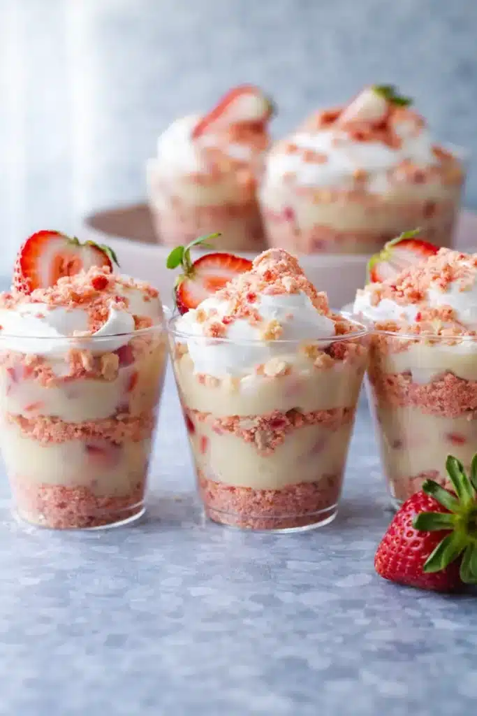 Strawberry Shortcake Pudding Cups layered with cream and strawberry crumbs in clear cups