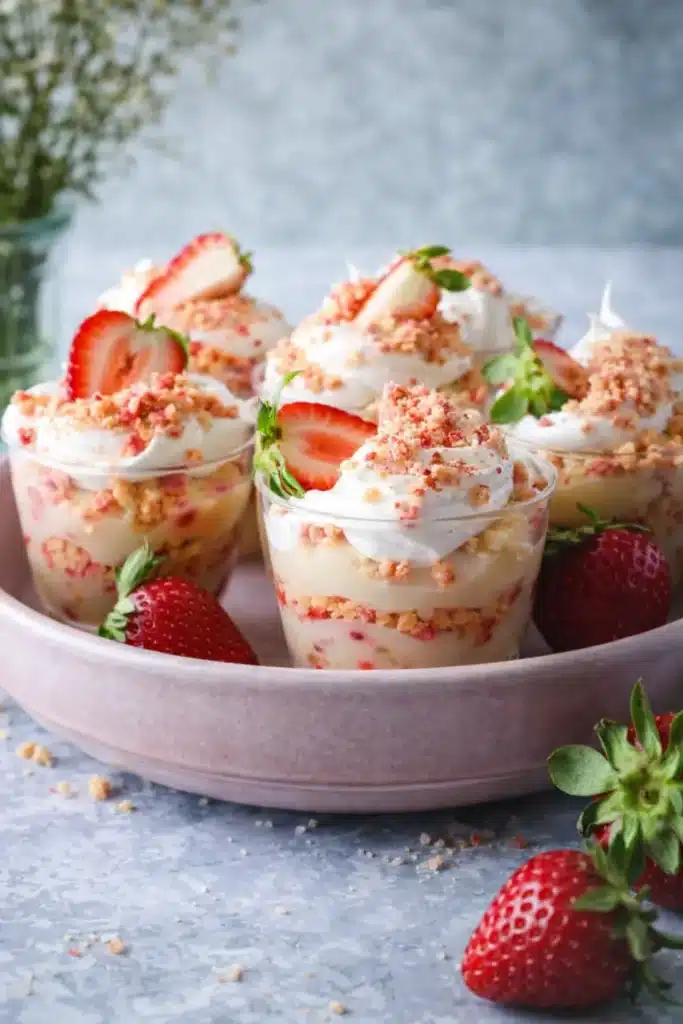 Strawberry Shortcake Pudding Cups layered with cream, crumbs, and fresh strawberries