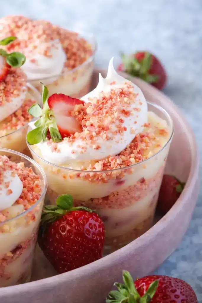 Strawberry shortcake pudding cups with whipped cream and fresh strawberries in clear dessert cups