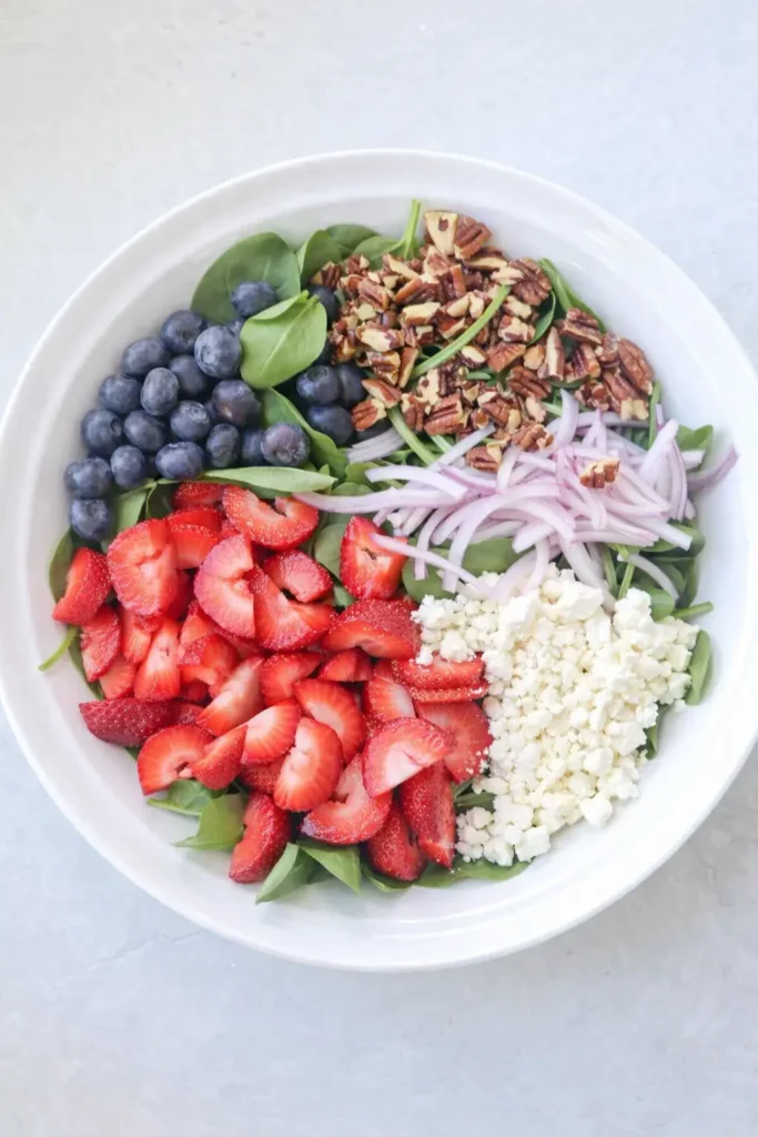 Strawberry Spinach Salad with Feta Fresh Easy Favorite 5 Strawberry Spinach Salad with Feta ingredients arranged in a bowl