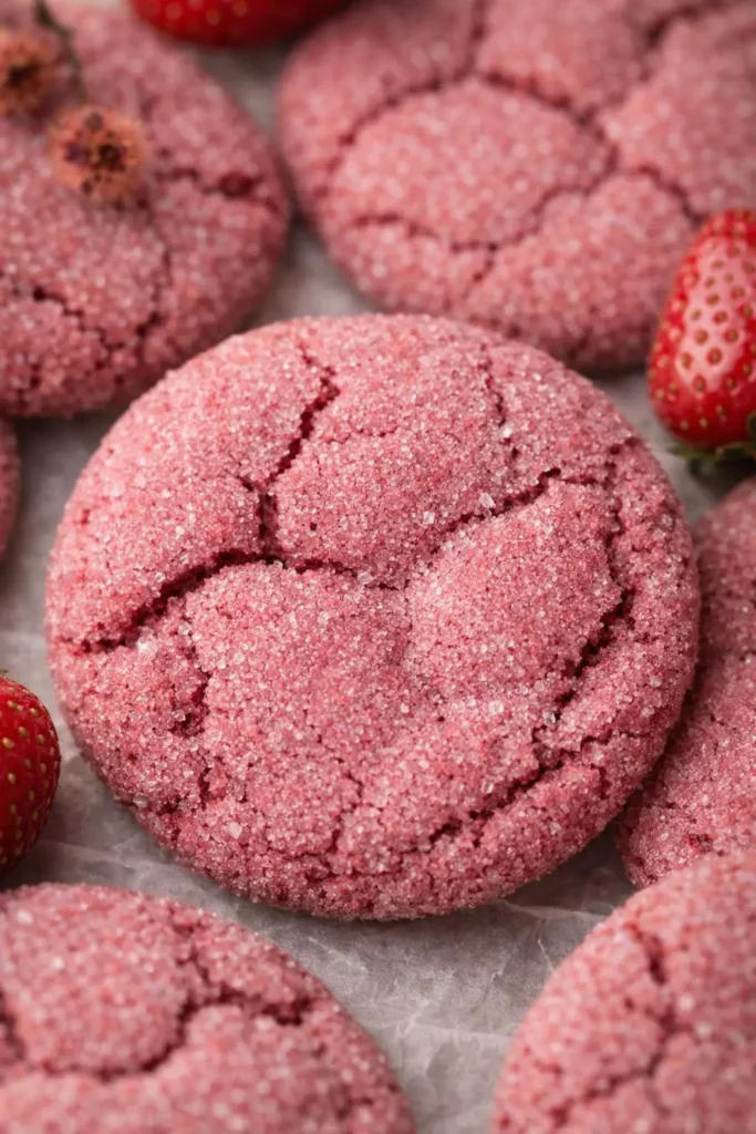 Strawberry Sugar Cookies Amazing Soft Chewy Treat 5 Strawberry sugar cookies with crackled tops and soft texture in a layered baking scene