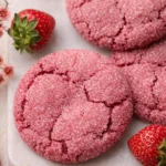 Strawberry Sugar Cookies Amazing Soft Chewy Treat 7 Soft chewy strawberry sugar cookies with crackled tops and sugar coating on a plate with fresh strawberries