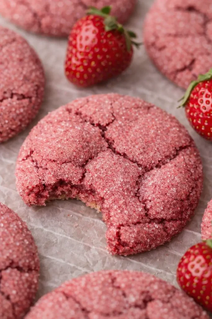 Strawberry Sugar Cookies Amazing Soft Chewy Treat 6 Strawberry sugar cookies with crackled tops and fresh strawberries in a layered baking scene