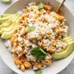 Street Corn Chicken Rice Bowls Easy Flavorful Dinner 7 Street corn chicken rice bowl with avocado, creamy corn, and seasoned chicken