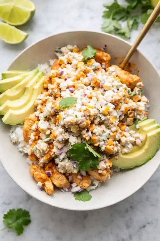 Street corn chicken rice bowl with avocado, creamy corn, and seasoned chicken