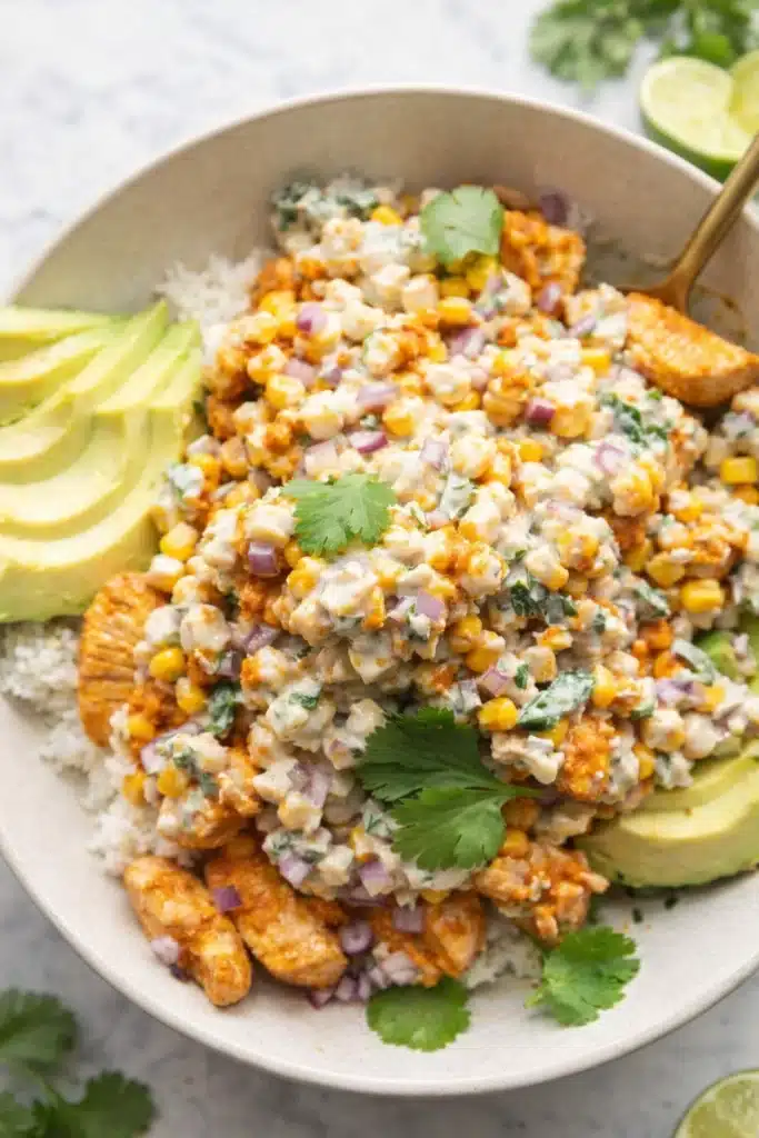 Street Corn Chicken Rice Bowls Easy Flavorful Dinner 5 Street Corn Chicken Rice Bowls with creamy corn, avocado, and seasoned chicken