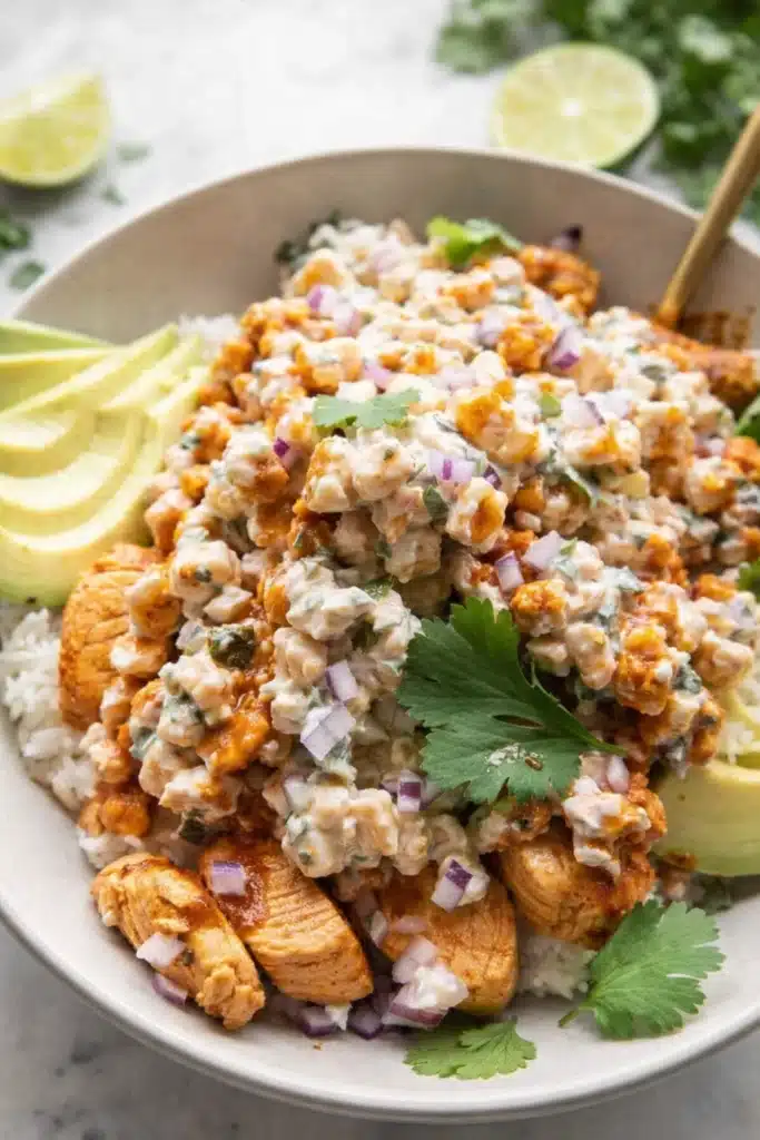 Street Corn Chicken Rice Bowls Easy Flavorful Dinner 6 Street Corn Chicken Rice Bowls with creamy corn, avocado, and seasoned chicken