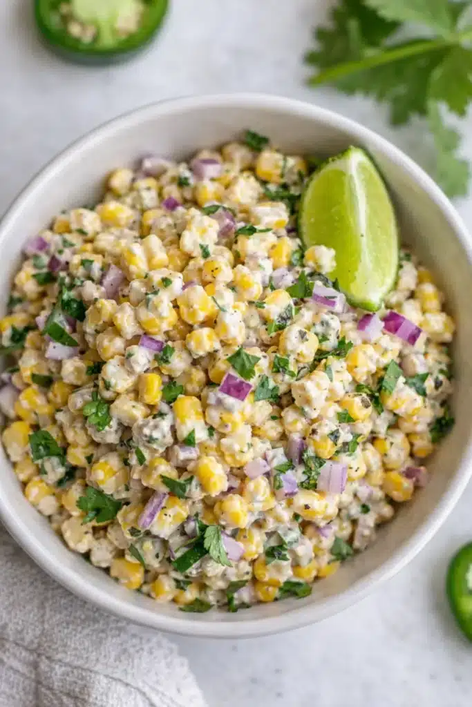 Street corn salad with Greek yogurt, corn, cilantro, lime, and red onion in a bowl