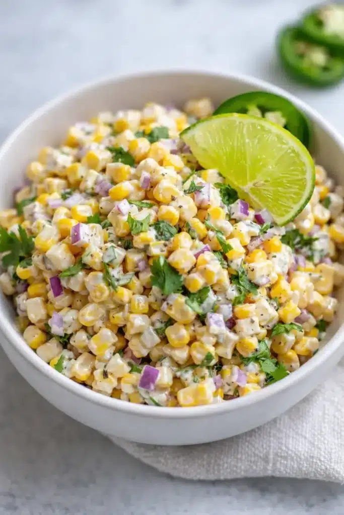 Street Corn Salad with Greek Yogurt topped with lime and cilantro in a bowl