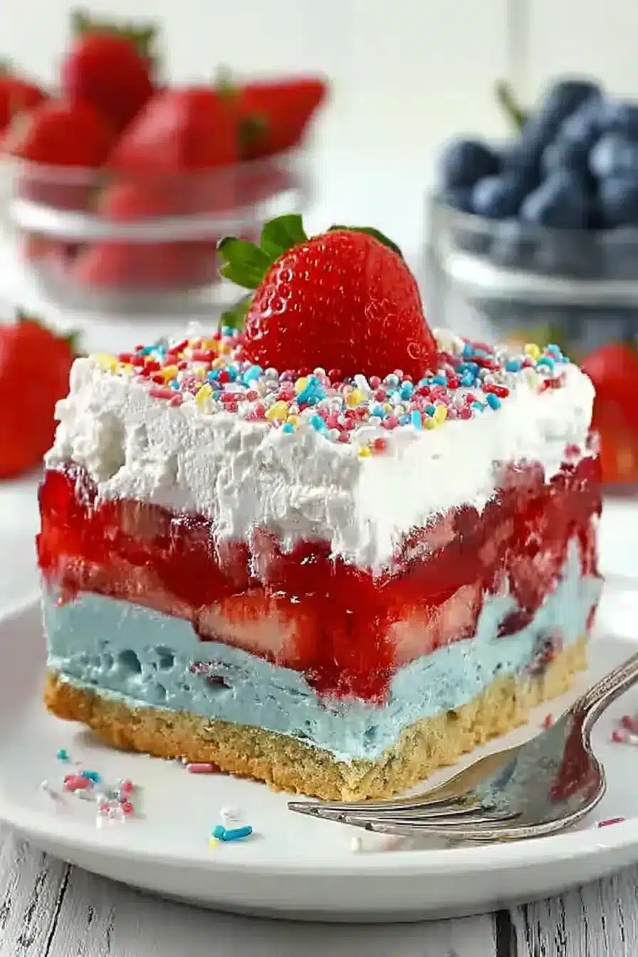 Summer Berry Jello Lasagna slice with layers of cream, strawberries, and whipped topping