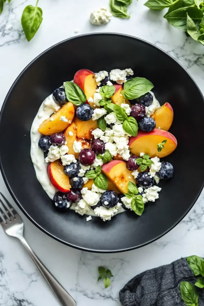 Summer veggies recipes salad with peaches, blueberries, feta, and basil in a bowl