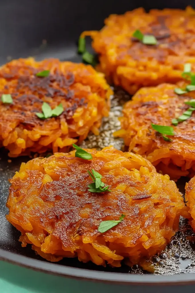 Sweet Potato Hash Browns cooking crispy in a skillet