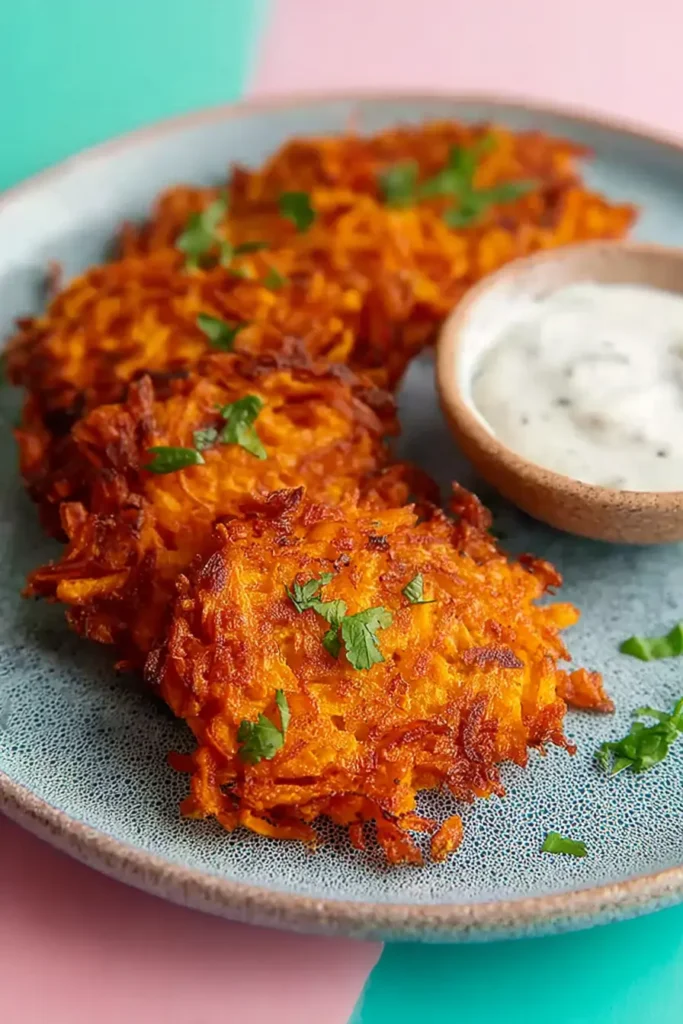 Sweet Potato Hash Browns served crispy with creamy dipping sauce