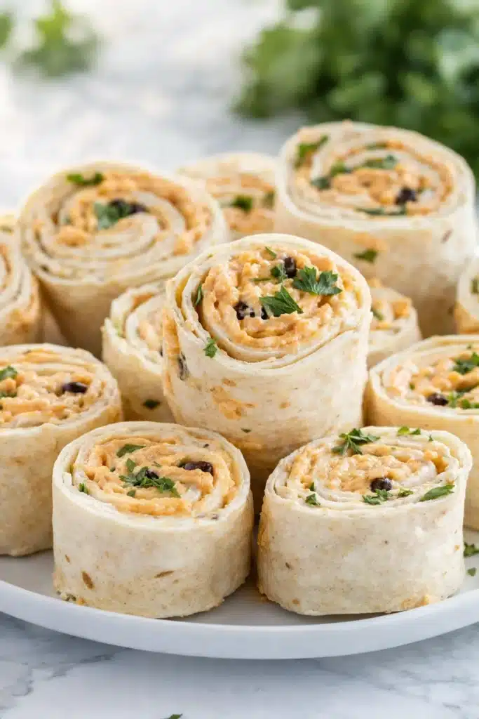 Creamy taco pinwheels made with tortillas and cheesy filling on a plate