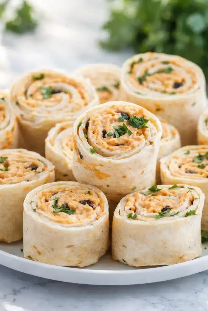 Taco Pinwheels Recipe served on plate with creamy filling and herbs