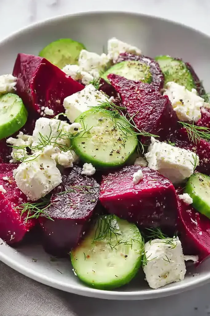 Vibrant Beet Feta Salad with Cucumber and Dill in a white bowl