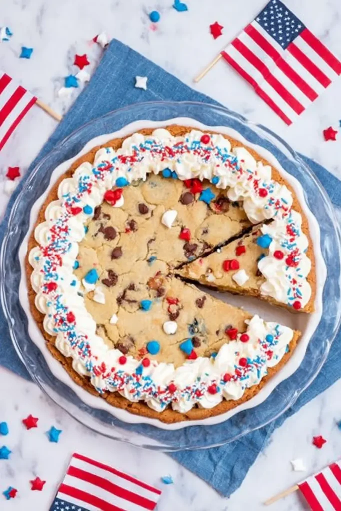 4th of July Cookie Cake with frosting border and patriotic sprinkles