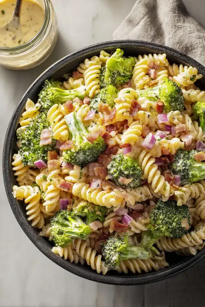 creamy broccoli pasta salad with bacon, rotini, and fresh vegetables in a bowl