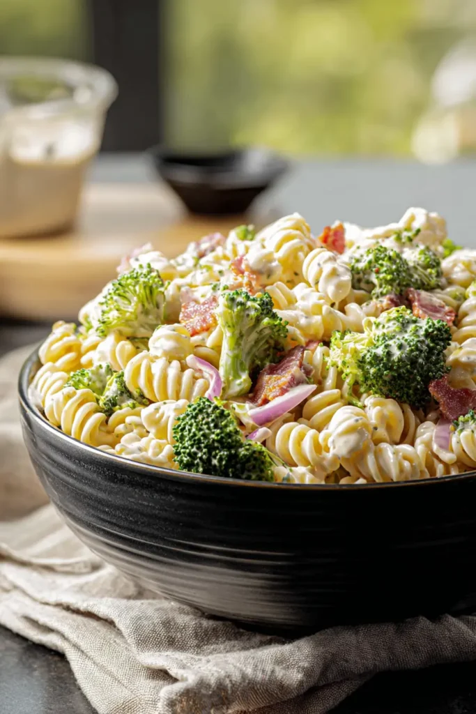 Tasty Broccoli Pasta Salad Recipe with creamy dressing, bacon, and fresh broccoli