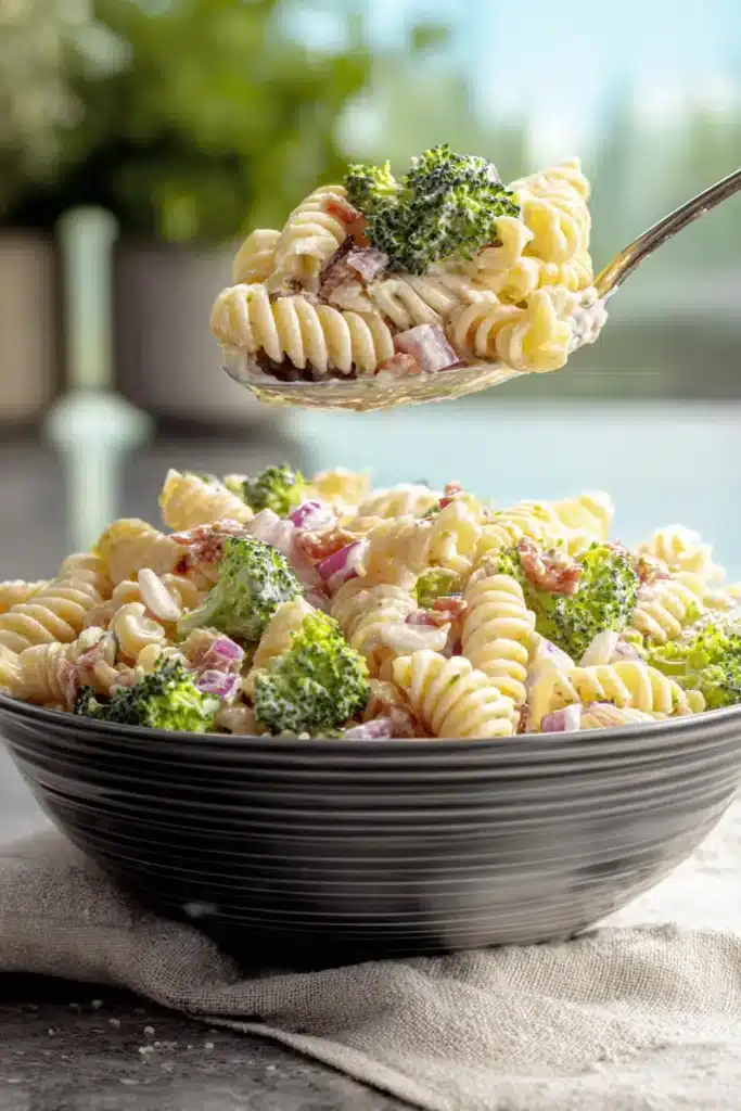 Tasty Broccoli Pasta Salad Recipe served on a spoon with creamy dressing and broccoli