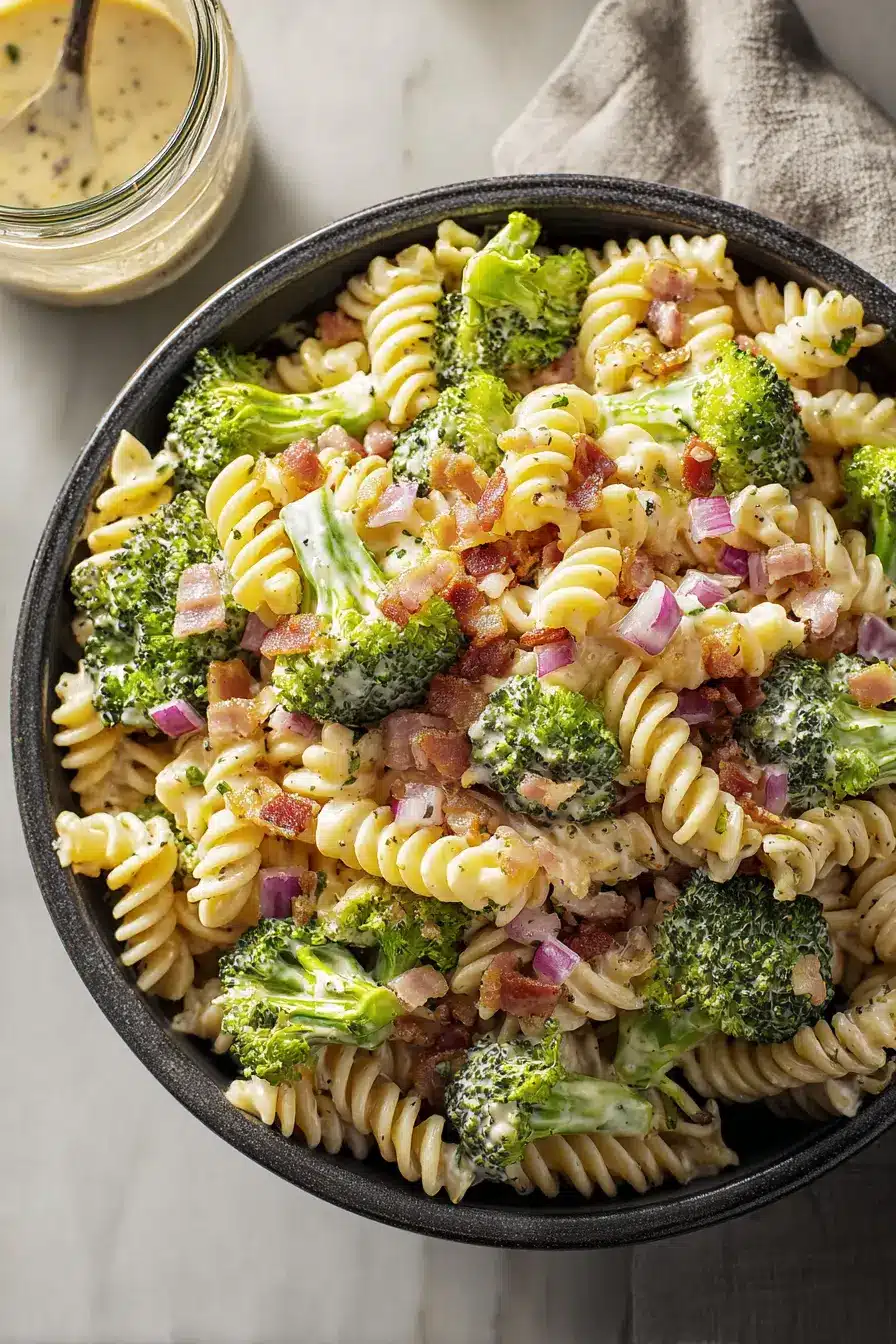 creamy broccoli pasta salad with bacon, rotini, and fresh vegetables in a bowl