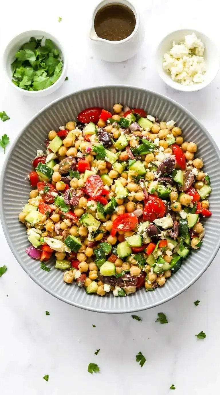 home 7 10-Minute Mediterranean Chickpea Salad with feta, cucumber, olives, and tomatoes in a rustic bowl