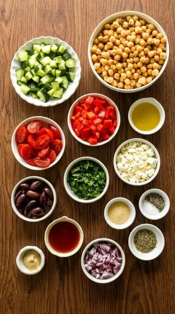 10-Minute Mediterranean Chickpea Salad Easy Amazing Dinner 6 10-Minute Mediterranean Chickpea Salad ingredients arranged in bowls for easy recipe prep