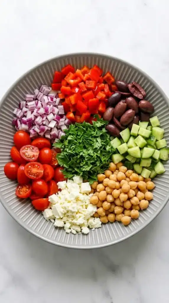 10-Minute Mediterranean Chickpea Salad Easy Amazing Dinner 7 10-Minute Mediterranean Chickpea Salad ingredients arranged in a bowl before mixing