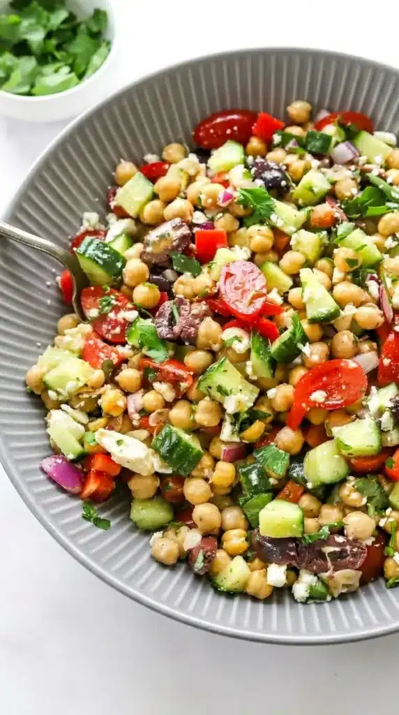 10-Minute Mediterranean Chickpea Salad Easy Amazing Dinner 8 10-Minute Mediterranean Chickpea Salad served fresh with feta and vegetables